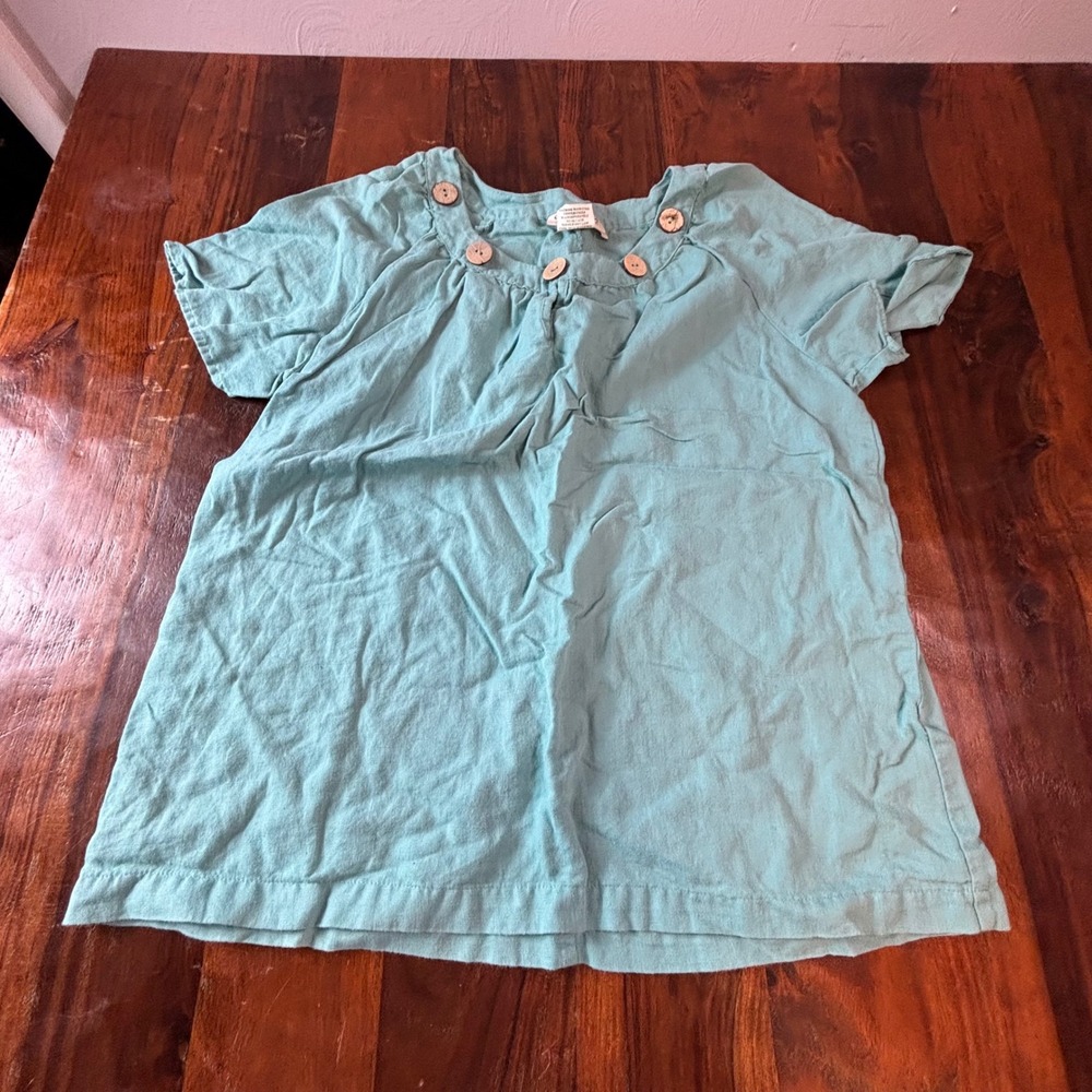 Vintage Orchadia Casuals Women Teal Linen Cotton‎ Blouse Wooden Button M
